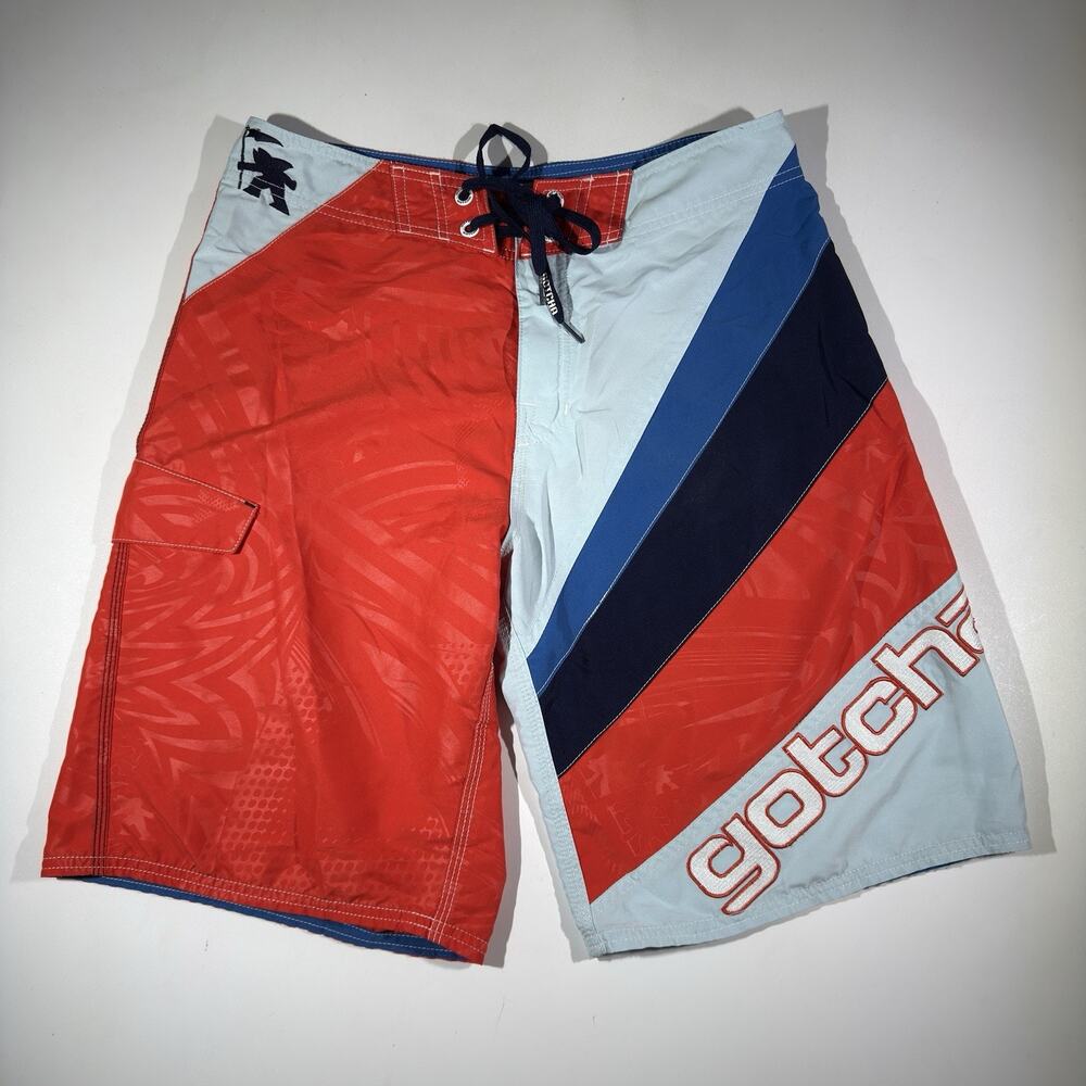 Y2K Surf Gotcha Cataria Board Shorts Red Blue Swim Trunks Men’s 32